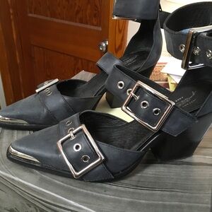 Free People Black Heels with Silver Buckles